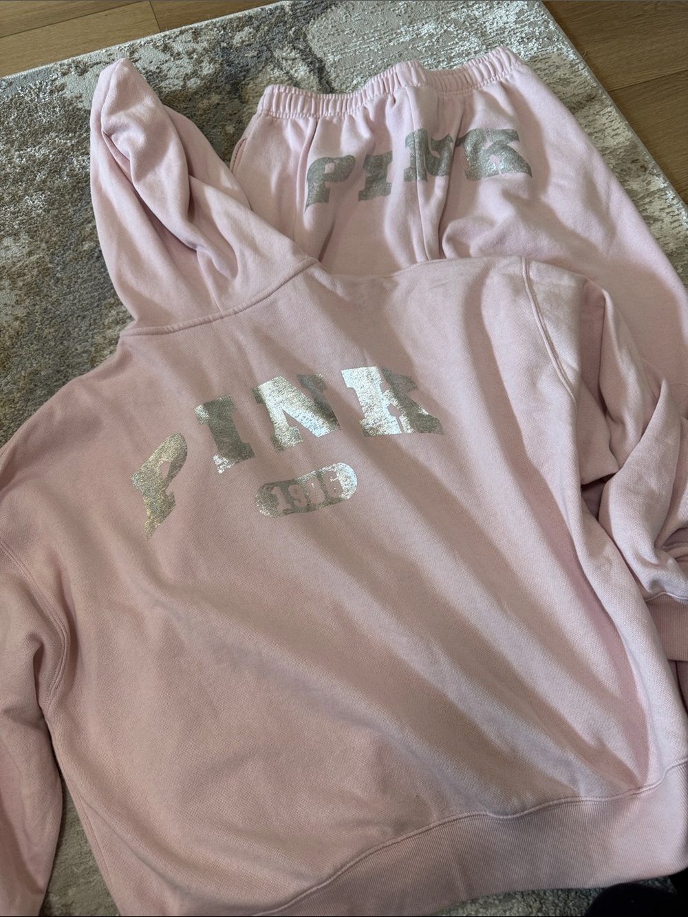 PINK Victoria's Secret Light Pink Zip Hoodie & Jogger Set with Metallic Logo